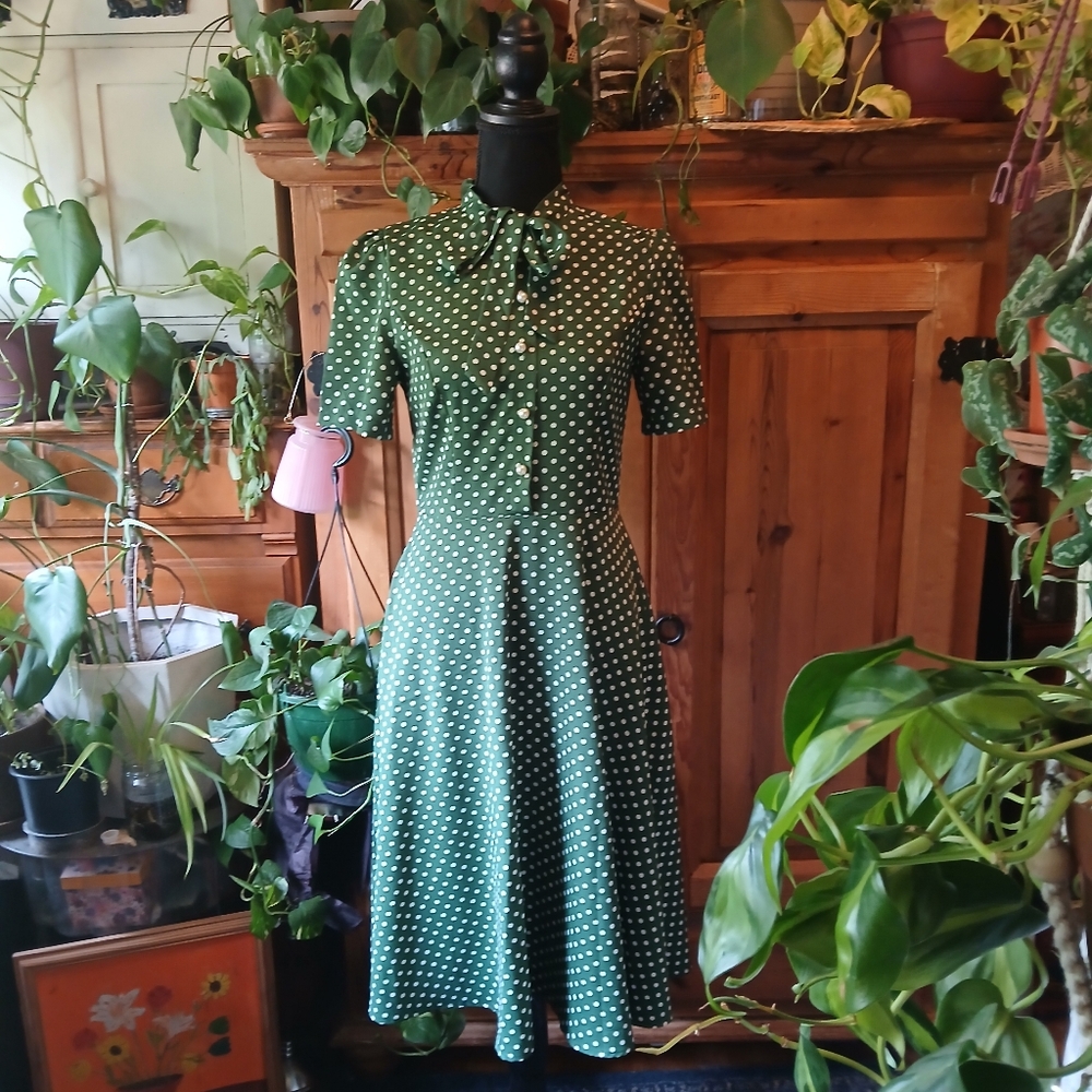 Vintage Style Tea Dress Polkadot Pearl Buttons Glam Rockabilly Pinup 50s Small